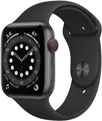 Apple  Watch Series 6 - 32GB - GPS - 44mm - Space Grey - Aluminum - Black - Sport Band - Rubber - Good